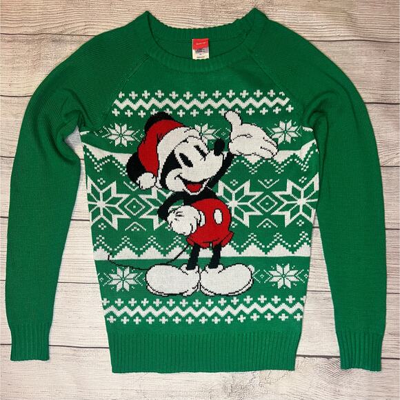 Disney Mickey Mouse Christmas Sweater Green Snowflake Pattern XS - Picture 1 of 5